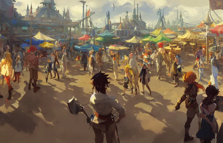 Image similar to greg manchess concept art of the millennial fair from chrono trigger, outdoor fairgrounds, striped pavillions, leene's bell, key visual, ambient lighting, highly detailed, digital painting, artstation, concept art, sharp focus, by makoto shinkai and akihiko yoshida and hidari and wlop and greg rutkowski