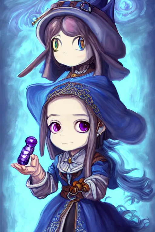 Prompt: a portrait of girl alchemist in blue dress, magic potions, fantasy, dungeons and dragons, an ultrafine detailed painting, chibi, detailed painting, boris valejo. octopath traveler decal!!!