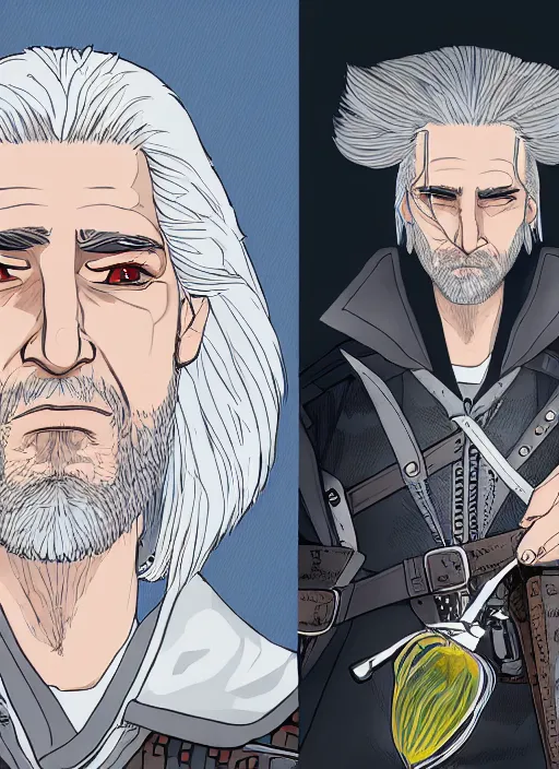 Prompt: a digital copic maker portrait of geralt of rivia brewing potions in an alchemists laboratory detailed features harajuku fashion synthetic materials, by balenciaga and issey miyake by ichiro tanida and mitsuo katsui