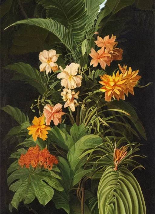 Image similar to tiger, tropical plants, botanical, large exotic flowers, biology, realistic, painted by john audubon