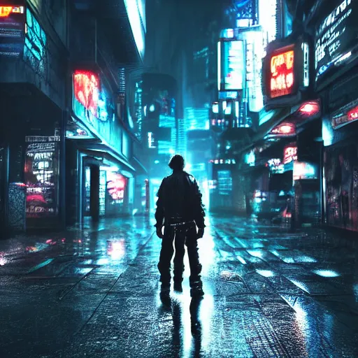 Image similar to A man with nothing left to lose, wandering in the hostile neon-soaked dirty streets of a city from the future, armed and dangerous, cyberpunk. night, rain, dark clouds, realistic 4k octane beautifully detailed render, 4k post-processing, highly detailed, intricate complexity, epic composition, magical atmosphere, cinematic lighting, masterpiece, ultra hd