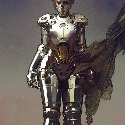 Image similar to White full body metallic mechanical armour, sci-fi art by alphonse mucha and greg rutkowski, highly detailed, digital painting, concept art, illustration, dim lighting, trending on artstation, very detailed, smooth, sharp focus, octane render