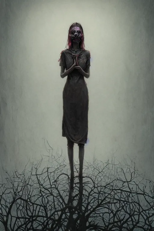 Image similar to low angle surrealism crayon cartoon grunge of a creepy horror nurse girl . intricate artwork. nightmare fuel. terrifying. by zdzisław Beksiński, wlop, dan mumford , trending on artstation, greg rutkowski very coherent symmetrical artwork. cinematic, hyper realism, high detail, octane render, 8k