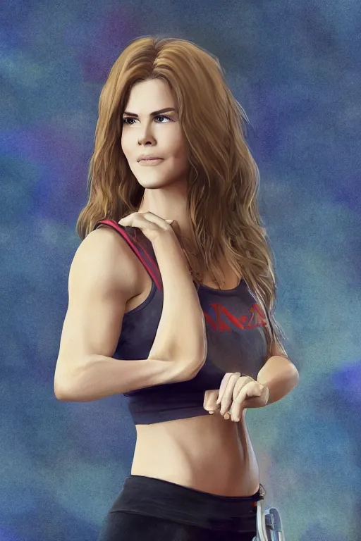 Image similar to mix of beautiful young maria shriver, mariel hemmingway, brooke shields, nicole kidman and elle macpherson as a zumba instructor, thin lips, hair tied up in a pony tail, dark blonde hair, colorful, artstation, cgsociety