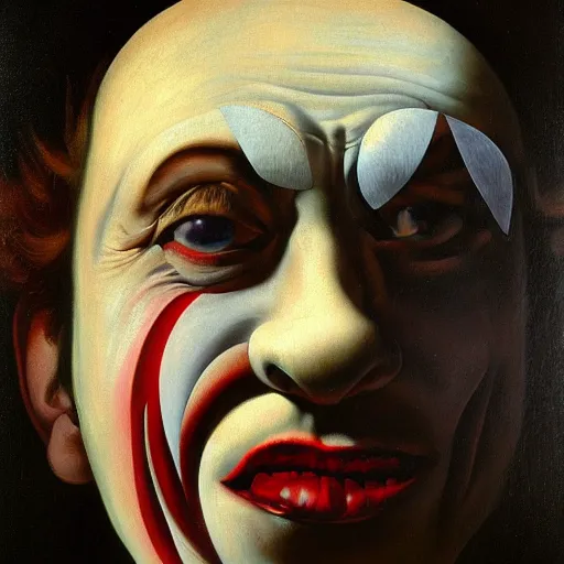 Image similar to detailing character concept portrait of clown by Caravaggio, on simple background, oil painting, middle close up composition