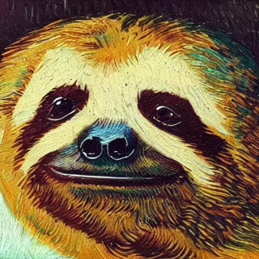 Image similar to a beautiful oil painting of a sloth's face in the style of van Gogh