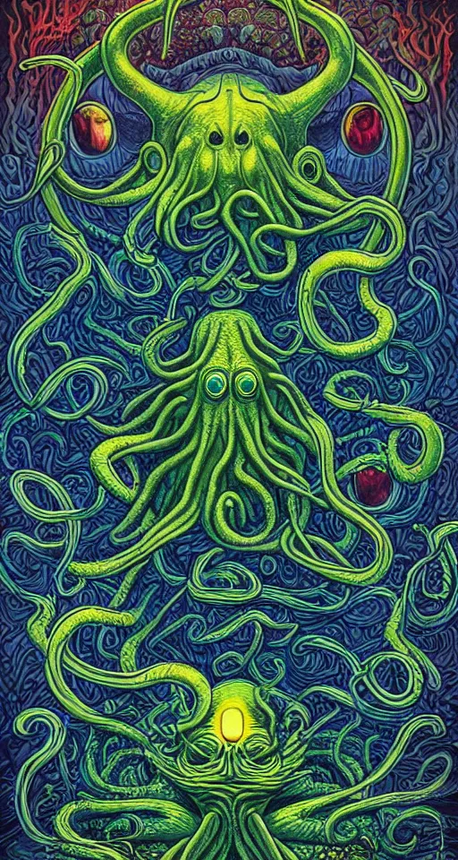 Prompt: cthulhu by james jean, by jacek yerka, bioluminescence, rainbow, lovecraftian, masterpiece, cosmic horror, poster art, hyper detailed