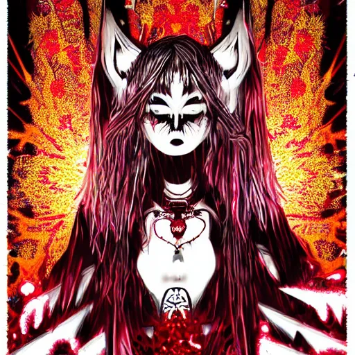 Image similar to spiked korean bloodmoon sigil stars draincore, gothic demon hellfire hexed witchcore aesthetic, dark vhs gothic hearts, neon glyphs spiked with red maroon glitter breakcore art by guro manga artist Shintaro Kago | baroque bedazzled gothic royalty frames surrounding a pixelsort emo demonic horrorcore japanese yokai doll, low quality sharpened graphics, remastered chromatic aberration