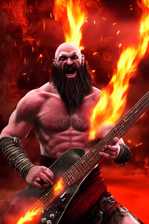 Prompt: screaming kratos rocking out on a flaming stratocaster guitar, cinematic render, god of war 2 0 1 8, playstation studios official media, lightning, flames, red facial stripe, red facial stripe, red facial stripe, clear, coherent