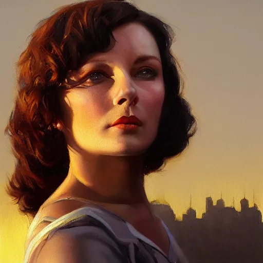 Image similar to closeup portrait of a young vivian leigh, sad face, chiaroscuro, city background, golden hour, dramatic lighting, complementary contrast, high detail, painted by greg rutkowski, painted by igor kieryluk, trending on artstation