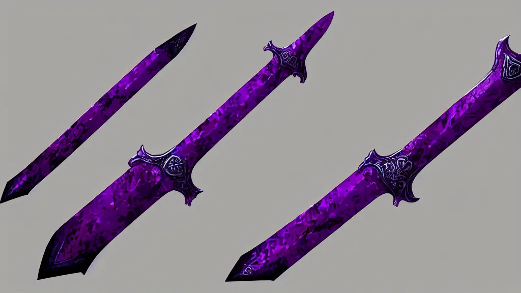 Prompt: medieval broad sword, purple aura, purple inscription on blade, concept art