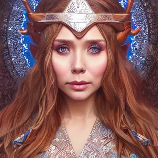 Image similar to Elizabeth Olsen as a elf archer, cute, fantasy, intricate, elegant, highly detailed, centered, digital painting, artstation, concept art, smooth, sharp focus, illustration, art by artgerm and H R Giger and alphonse mucha