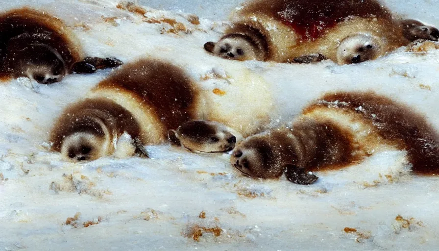 Image similar to highly detailed closeup painting of cute furry white baby seals in a pile of jam pancakes in the snow by william turner, by greg rutkowski, by william constable, thick brush strokes and visible paint layers, 4 k resolution