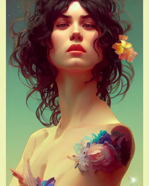 Image similar to emily rajtkowski, vaporwave, highly detailed, digital painting, artstation, concept art, smooth, sharp focus, illustration, art by artgerm and greg rutkowski and alphonse mucha