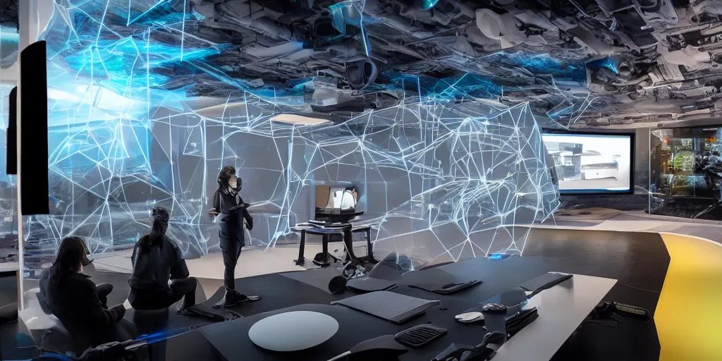 Image similar to stunning futuristic AI lab, projection screens, immersive graphics, holograms, dark room, people using HoloLens