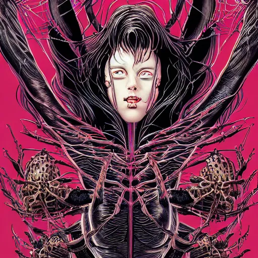 Image similar to portrait of crazy spider girl, symmetrical, by yoichi hatakenaka, masamune shirow, josan gonzales and dan mumford, ayami kojima, takato yamamoto, barclay shaw, karol bak, yukito kishiro