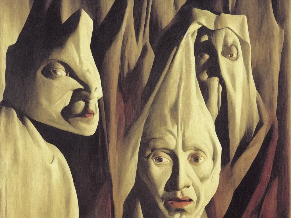 Image similar to Portrait of a albino hooded white cloaked man. Sacred wound. The land of the cloaked mountain, flower ridges, overflowing milk. Aurora Borealis, African mask, acid rains, exotic animal teeths. Painting by Georges de la Tour, Rene Magritte, Jean Delville, Max Ernst, Caspar David Friedrich