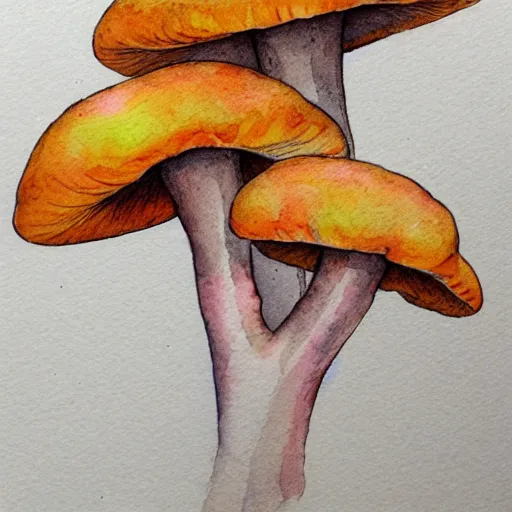 Prompt: water color and pen, high resolution, detailed, trending on artstation, chanterelle mushrooms