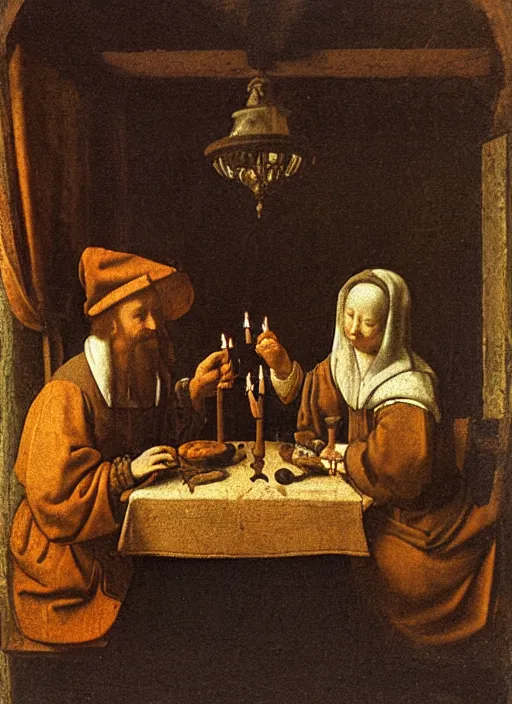 Image similar to a candlelit table at the inn, two people sitting at the table, swirling smoke, dark smoke, realistic, in the style of leonardo da vinci, dutch golden age, amsterdam, medieval painting by jan van eyck, johannes vermeer, florence