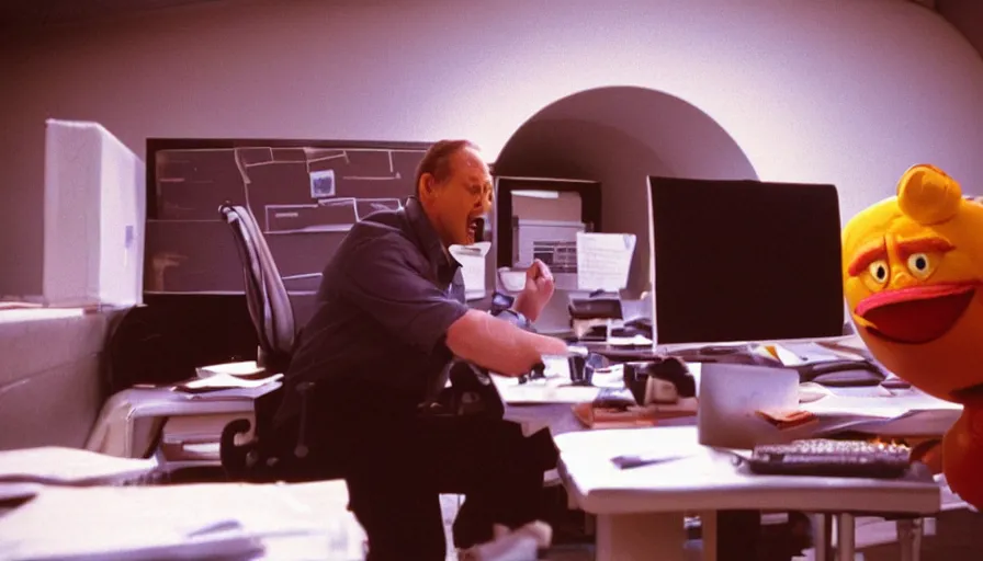 Prompt: 1990s candid 35mm photo of a beautiful day at the office, cinematic lighting, cinematic look, golden hour, a man is working at his cubicle when his very large and serious costumed boss yells at him, large angry mascot face screaming at working man, man is dreaming of escaping through a tunnel in the floor, UHD