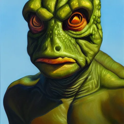 Prompt: oil painting portrait of a lizard person, a gorn from star trek