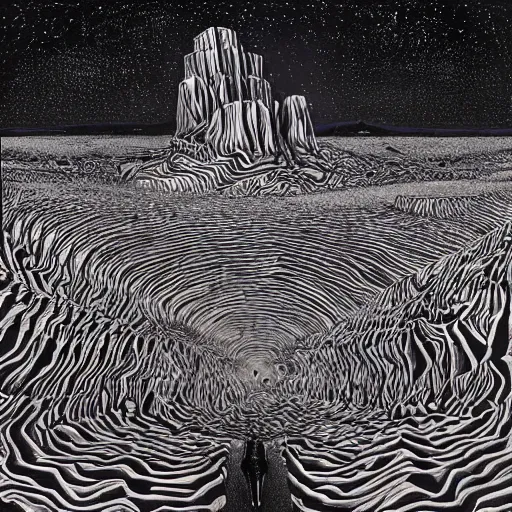 Image similar to deep canyons on an alien planet landscape with bizarre buildings and walking humanoids. Jeffrey Smith, Stanley Donwood