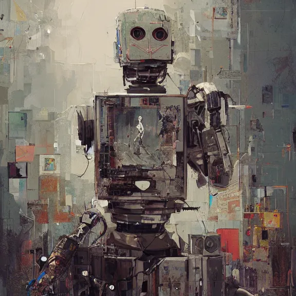 Prompt: robot artist painting a self - portrait on a canvas. intricate, highly detailed, photorealistic, film still, by ismail inceoglu.