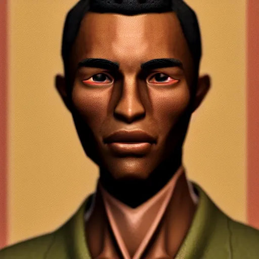 Image similar to A Hearts of Iron IV portrait of an African American young man with high cheekbones. Good bone structure. Dressed in 1940s style. Highly detailed, fine Art, high detail, great lighting, 8k resolution, masterpiece, concept art, illustration, clear eyes, painting oil on canvas, octane render, HDR, trending on artstation, 4k, 8k, HD