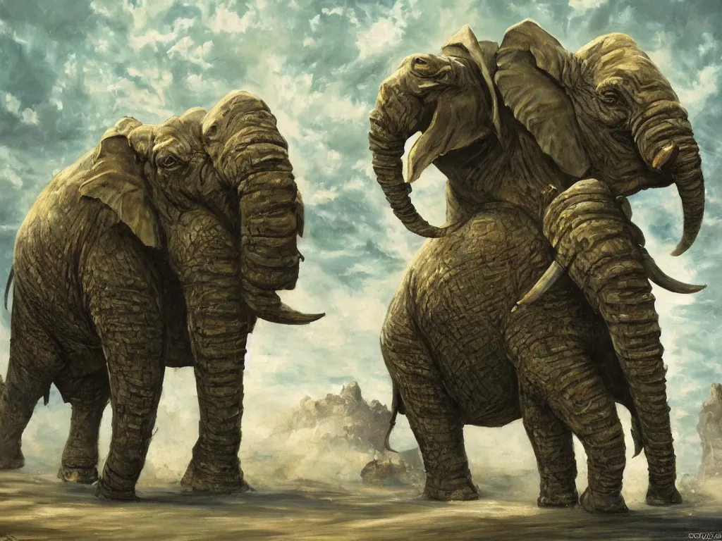 Prompt: a dramatic oil painting of an armored war elephant standing on its back feet. Original artwork for a white spell in magic the gathering. Award winning, very detailed, dramatic lighting, green and brown color palette