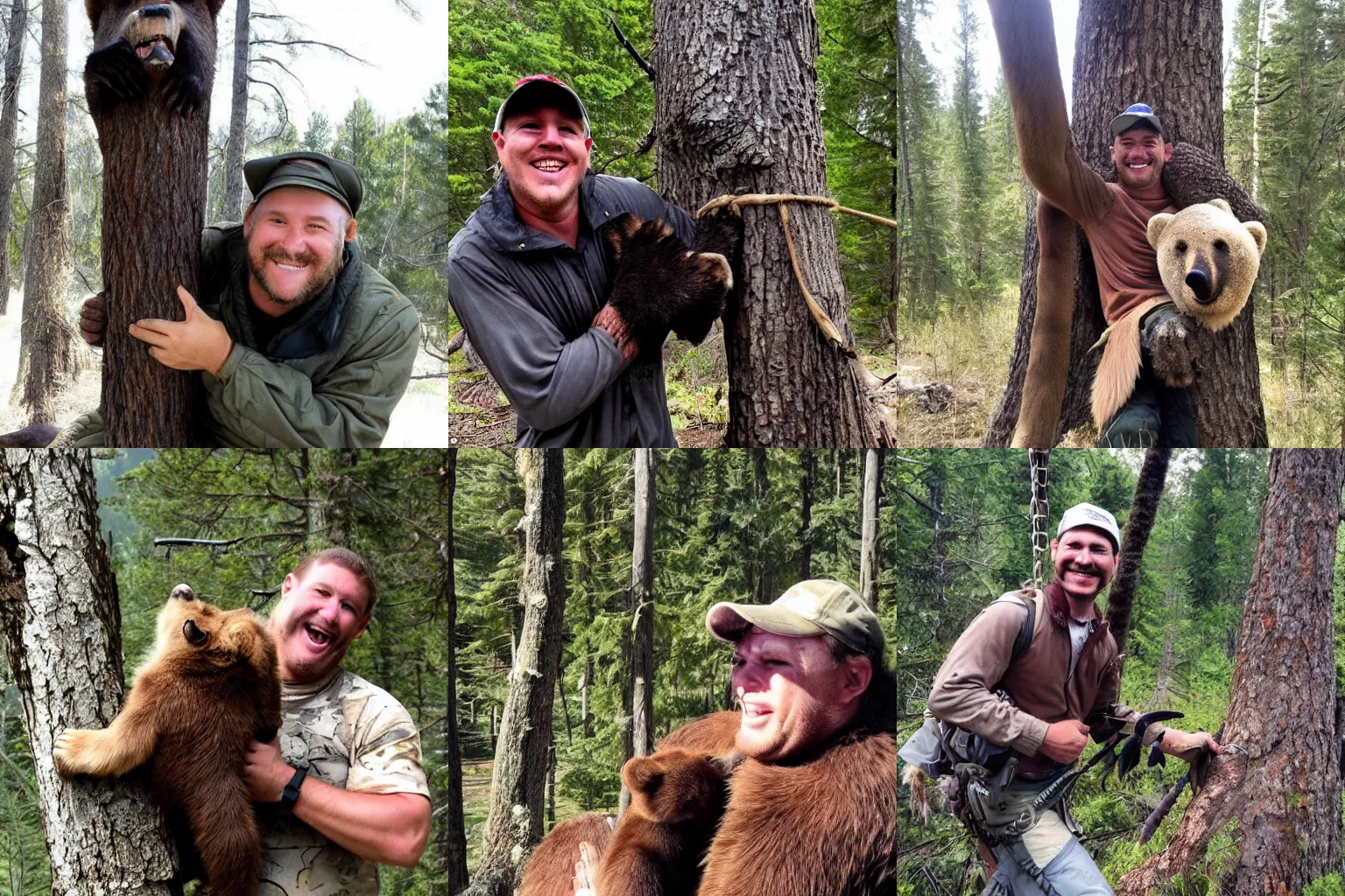 Prompt: Photo, A Hunter with a big smile because he killed a big bear, the bear is hanging from a tree