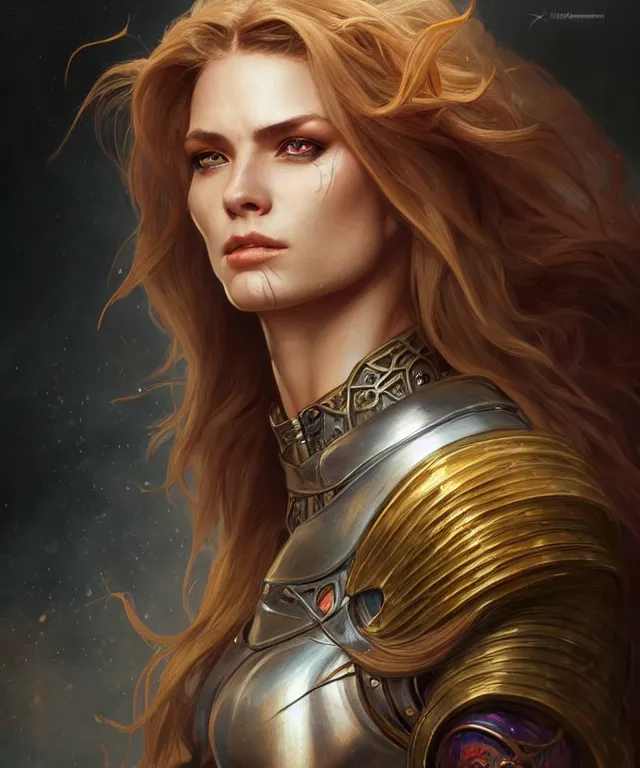 Image similar to Muscular and powerful medieval knight woman portrait, sci-fi, amber eyes, face, long hair, fantasy, intricate, elegant, highly detailed, digital painting, artstation, concept art, smooth, sharp focus, illustration, art by artgerm and greg rutkowski and alphonse mucha