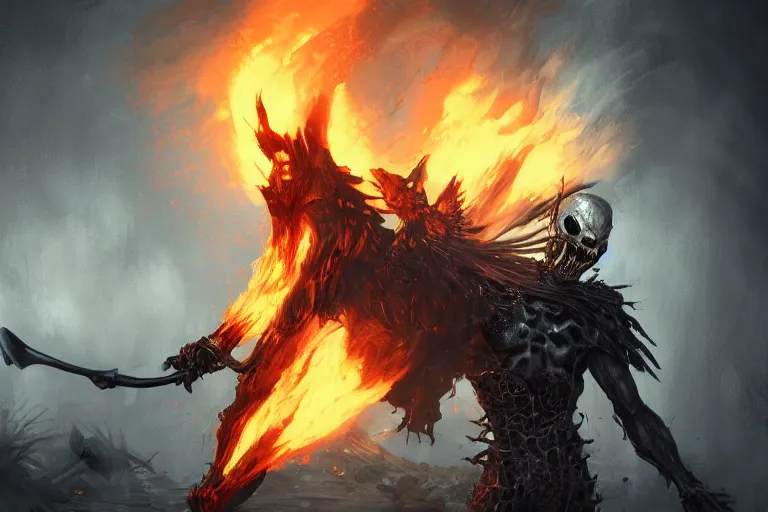 Prompt: Ghost Rider, flaming grim reaper, upper body, dark souls concept art, Feng Zhu concept art, dramatic lighting, highly stylized, trending on artstation, high-quality wallpaper, desktopography