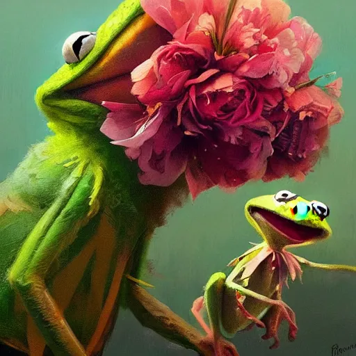 Prompt: painting of kermit the frog dressed with flowers, illustration, artistic, colorful, hyper detailed, in the style of Greg Rutkowski