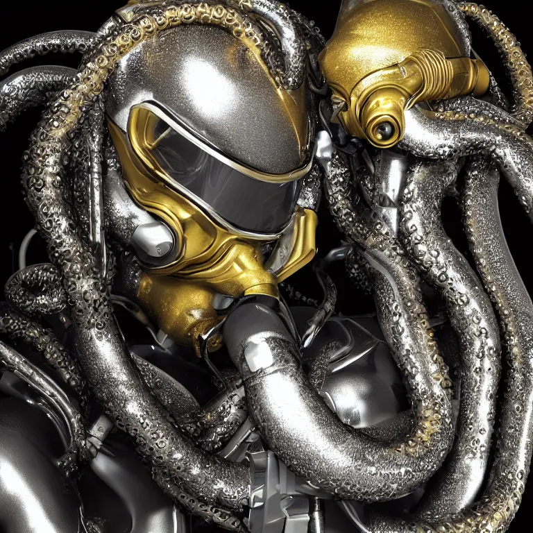 Image similar to octane render portrait by wayne barlow and carlo crivelli and glenn fabry, subject is a futuristic scuba diver with a shiny reflective silver metal helmet with colorful reflective goggles and covered in black ribbed rubber hoses, wrapped up in and completely covered by giant long shiny reflective golden octopus tentacles, cinema 4 d, ray traced lighting, very short depth of field, bokeh