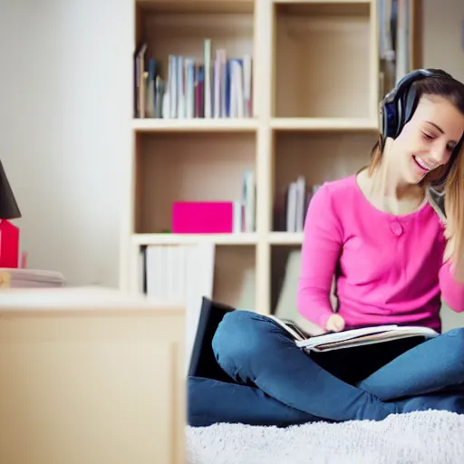 Image similar to Girl studying in her room while listening to music.