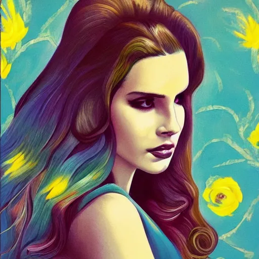 Prompt: Lana Del Rey, smooth painting, art, detailed, colorful, high contrast, smiling, beautiful hair, deep look, intense atmosphere