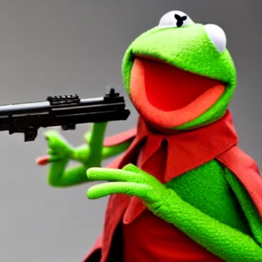 Prompt: kermit the frog with a gun in his hand