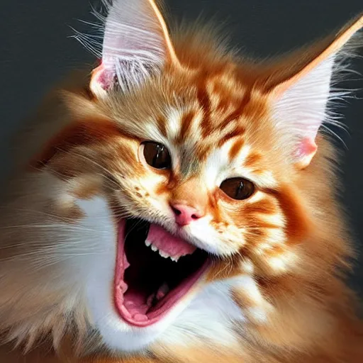 Image similar to orange maine coon cat yawning, norwegian forest cat, cuddly fur, highly detailed, sharp focus, digital painting, artwork by Victor Adame Minguez + Yuumei + Tom Lovell + Sandro Botticelli