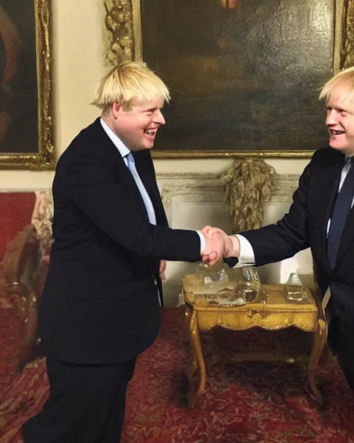 Image similar to an oil painting of uk politician former prime minister boris johnson having a meeting with satan, smiling and shaking hands, 4 k detail