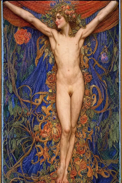 Image similar to coronation of the flower prince, by Annie Swynnerton and jean delville, embroidered brocade, tattoos, elaborate costume, geometric ornament, symbolist, rich colors, dramatic lighting, smooth, sharp focus, extremely detailed