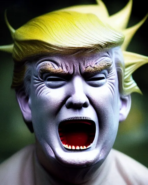 Image similar to award winning 5 5 mm close up face portrait photo of trump as songoku, in a park by hr giger. rule of thirds.