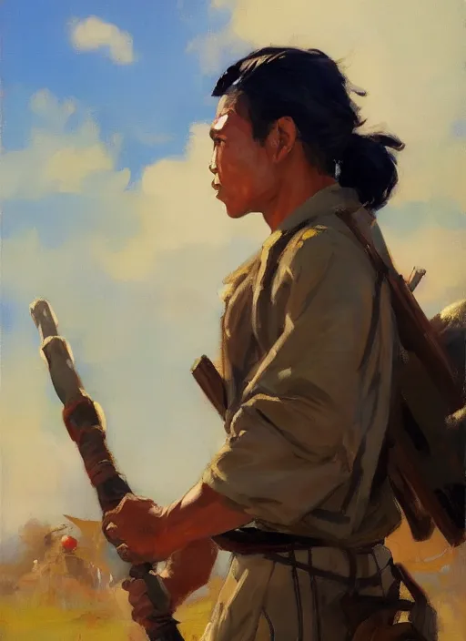 Image similar to greg manchess side portrait of a filipino fighter with a staff standing in front of a tank, organic painting, sunny day, matte painting, bold shapes, hard edges, street art, trending on artstation, by huang guangjian, gil elvgren, ruan jia, randy vargas, greg rutkowski