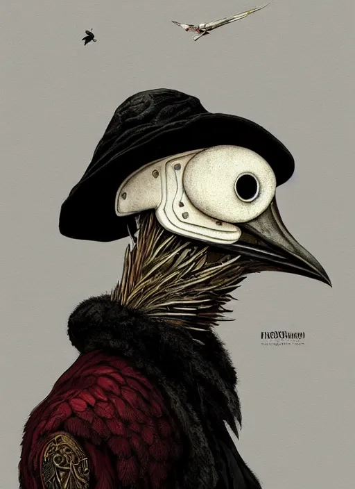 Prompt: rpg! profile! portrait of humanoid bird on white background, fungus mutant, beak, feathers, plague doctor, beautiful clothes, intricate, highly detailed, digital painting, artstation, concept art, smooth, sharp focus, illustration, art by norman rockwell emiliano ponzi andrey remnev yoann lossel aaron jasinski, 8 k