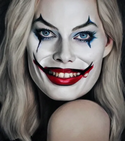 Prompt: margot robbie portrait with light joker makeup, pencil drawing, realistic face, beautiful eyes, smiling, hyper realistic, highly detailed