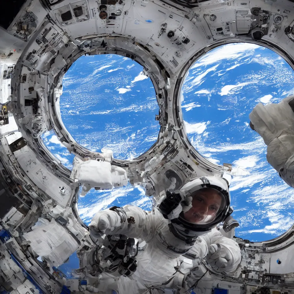 Image similar to Inside the international space station looking out a cupola window to see earth looming in space. 4K.