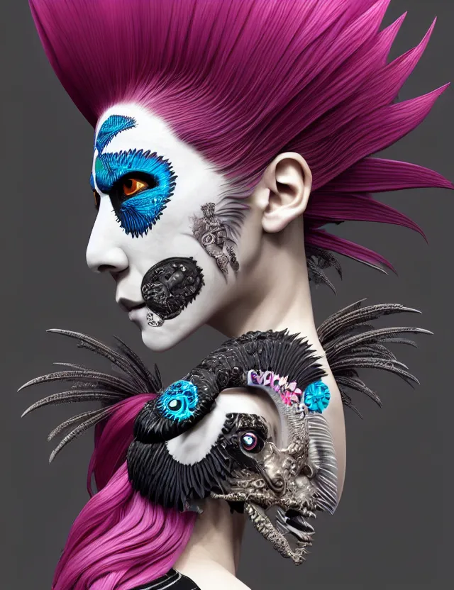 Image similar to 3 d goddess close - up profile portrait punk with mohawk with ram skull. beautiful intricately detailed japanese crow kitsune mask and clasical japanese kimono. betta fish, jellyfish phoenix, bio luminescent, plasma, ice, water, wind, creature, artwork by tooth wu and wlop and beeple and greg rutkowski