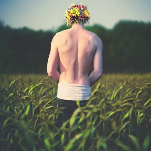 Prompt: kodak portra 8 0 0 photograph of a skinny blonde guy standing in a cornfield, flower crown, back view, grain, moody lighting, telephoto, 9 0 s vibe, blurry background, vaporwave colors!, faded!,