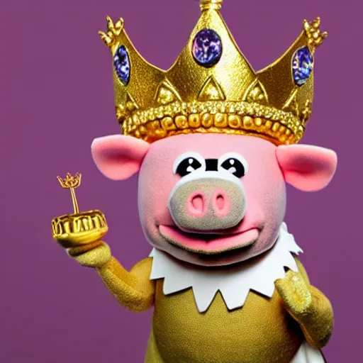 Image similar to pig wearing a gold crown as a Muppet holding a bowl 8k