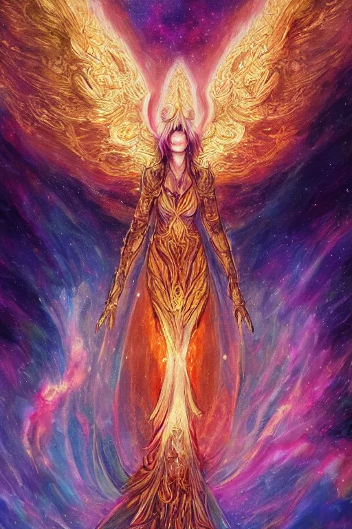 Prompt: breathtaking detailed soft painting of bahamut angel in a nebulae galaxy in flames with intricate ribbons of light, gauze dress draped of fireflies and an art nouveau golden cathedral halo, art by casimirart, kelogsloop and anat finnstark, elegant, highly detailed, artstation, concept art, matte, sharp focus,