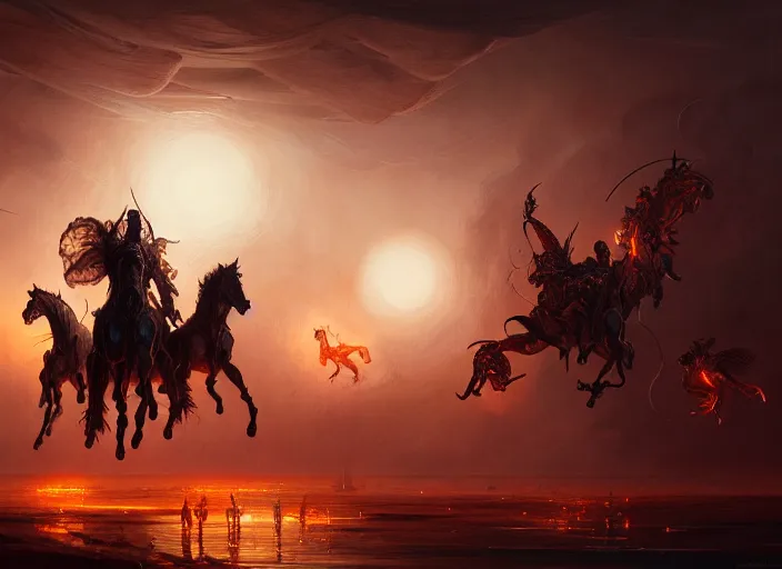 Image similar to painting of the four horsemen of the apocalypse, intricate, elegant, glowing lights, highly detailed, digital painting, artstation, concept art, smooth, sharp focus, art by wlop, mars ravelo and greg rutkowski